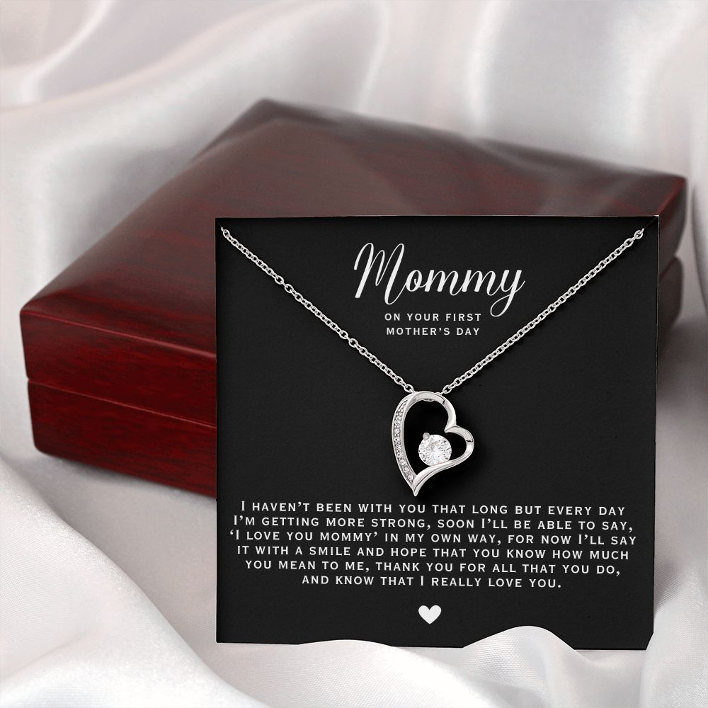 white gold heart necklace and message card gift for mommy on 1st mothers day.