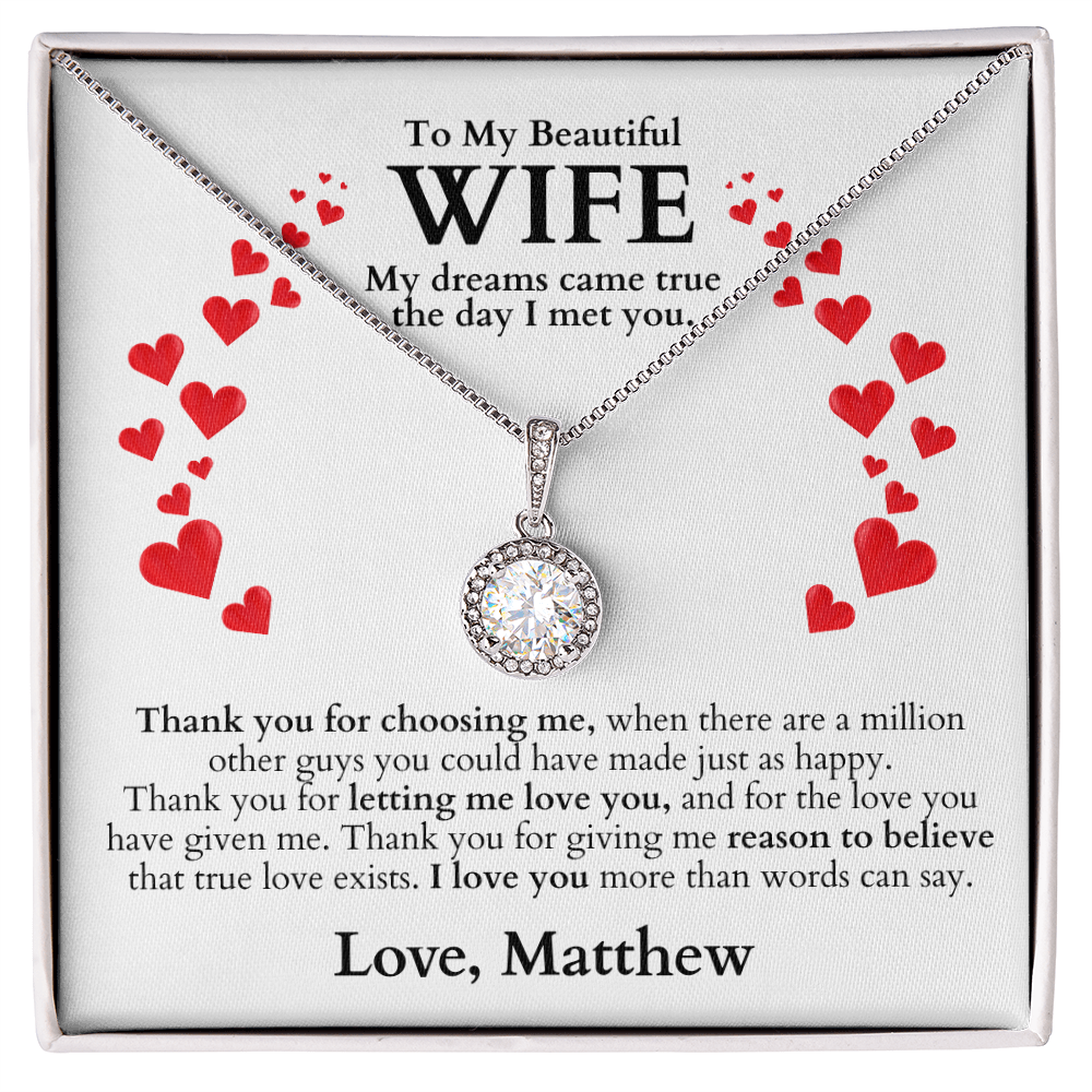 White gold necklace gift for wife, with a romantic, heartfelt message card. personalize the sign off with your name. it's gift ready inside a beautiful gift box with LED light.