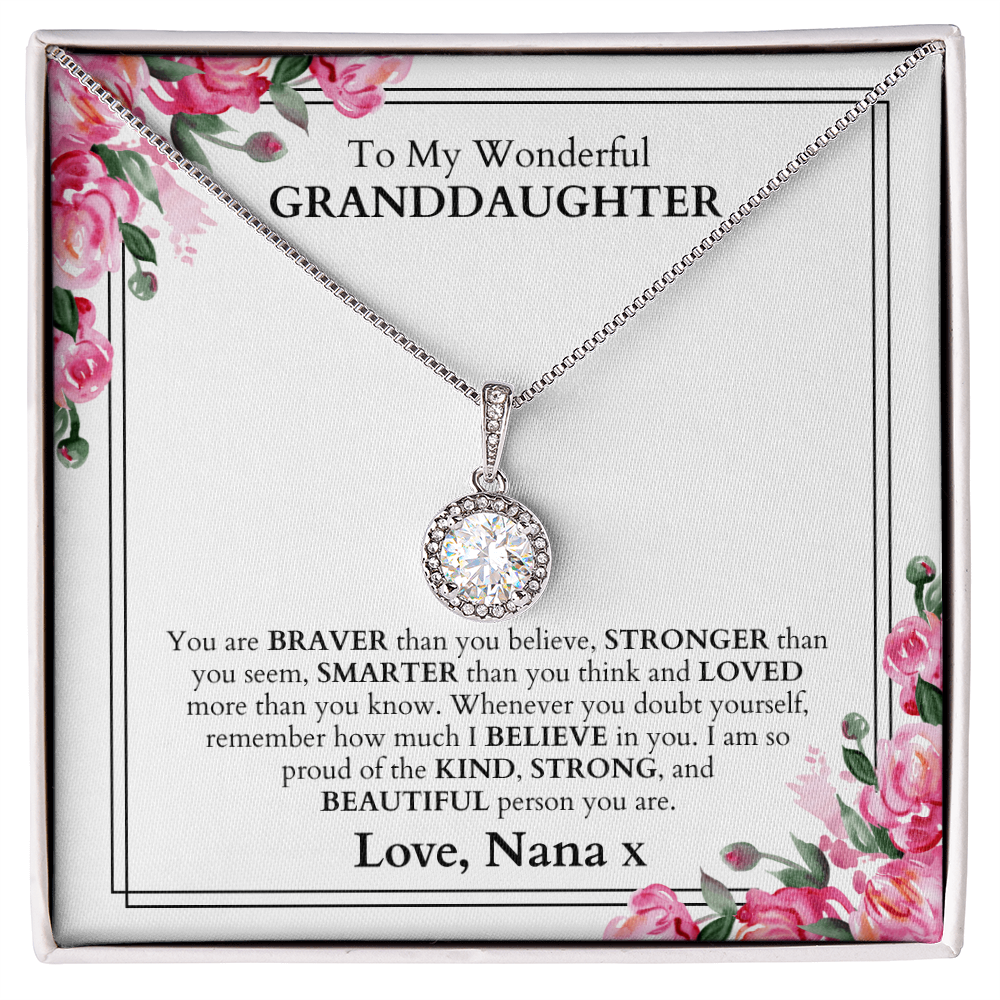 Beautiful white gold necklace gift set for your granddaughter, with a loving message within the box with a personalized sign off for your name. Gift ready in a LED light up box.