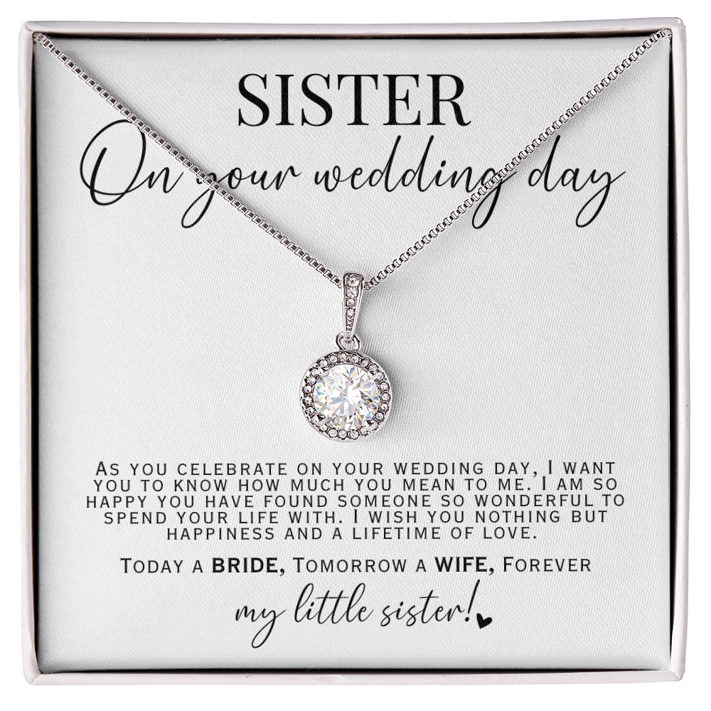 Elegant necklace gift for your sister on her wedding day, featuring a heartfelt message card that reads, ‘Today a BRIDE, Tomorrow a WIFE, Forever my little sister.’ A meaningful keepsake to celebrate your sister’s special day.