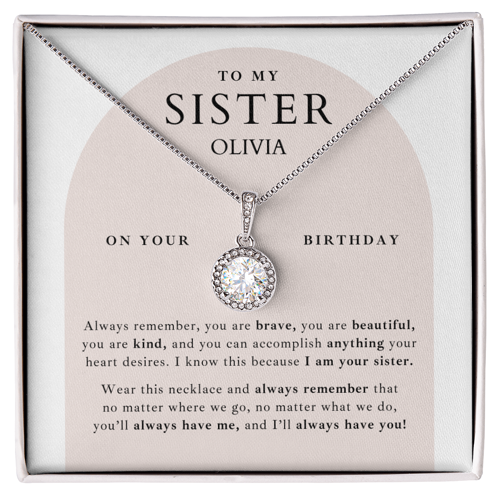 Pretty white gold necklace gift for your sister on her birthday, personalized message card is included making it a meaningful keepsake for her.