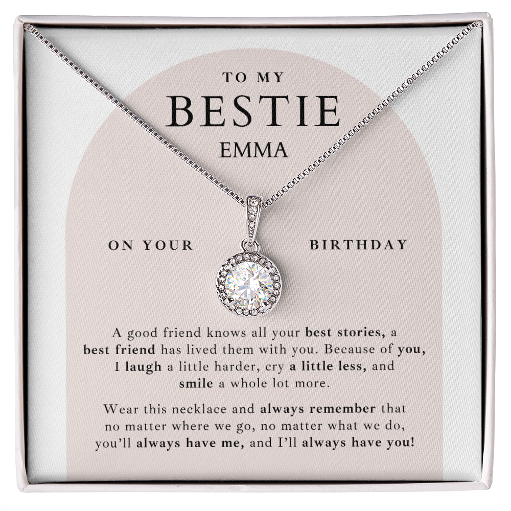 Silver necklace for bestie's birthday. friendship jewelry paired with meaningful personalized message card.