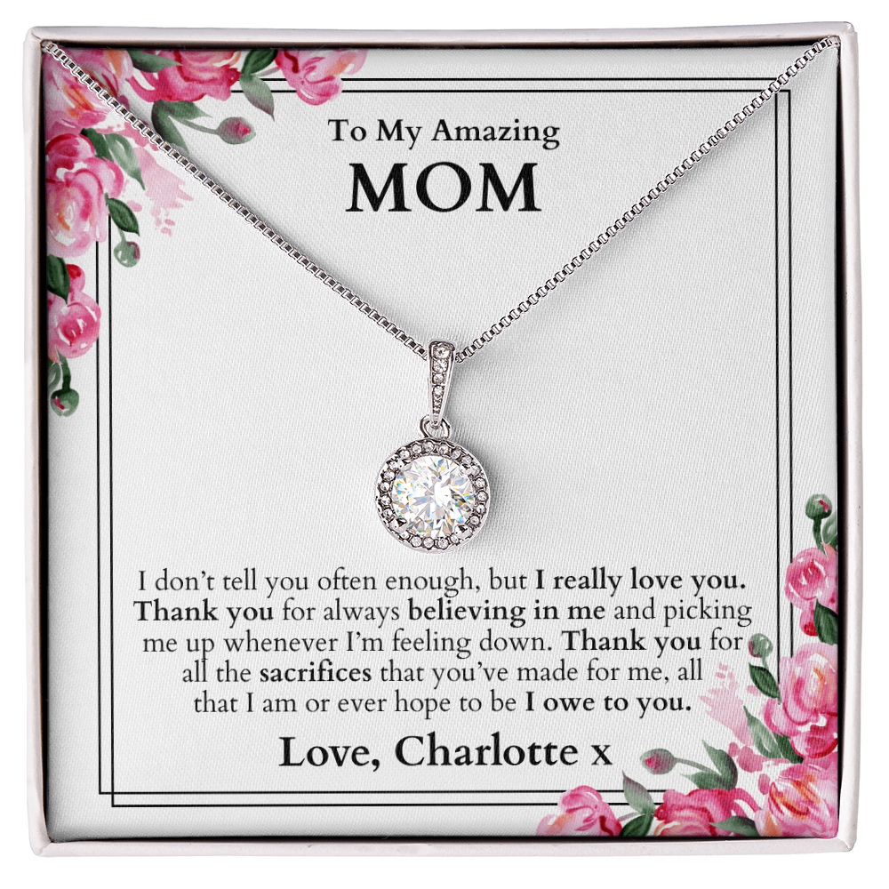 White gold necklace for mom, with a heartfelt message card inside the box to show your love and appreciation on her birthday or mother's day, gift ready inside a LED gift box.