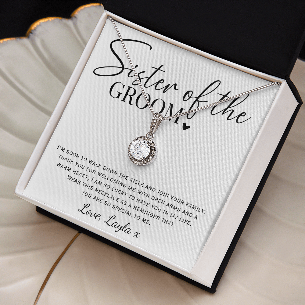 A Beautiful necklace gift for the sister of the groom on your wedding day. Perfect for bridal party gifts