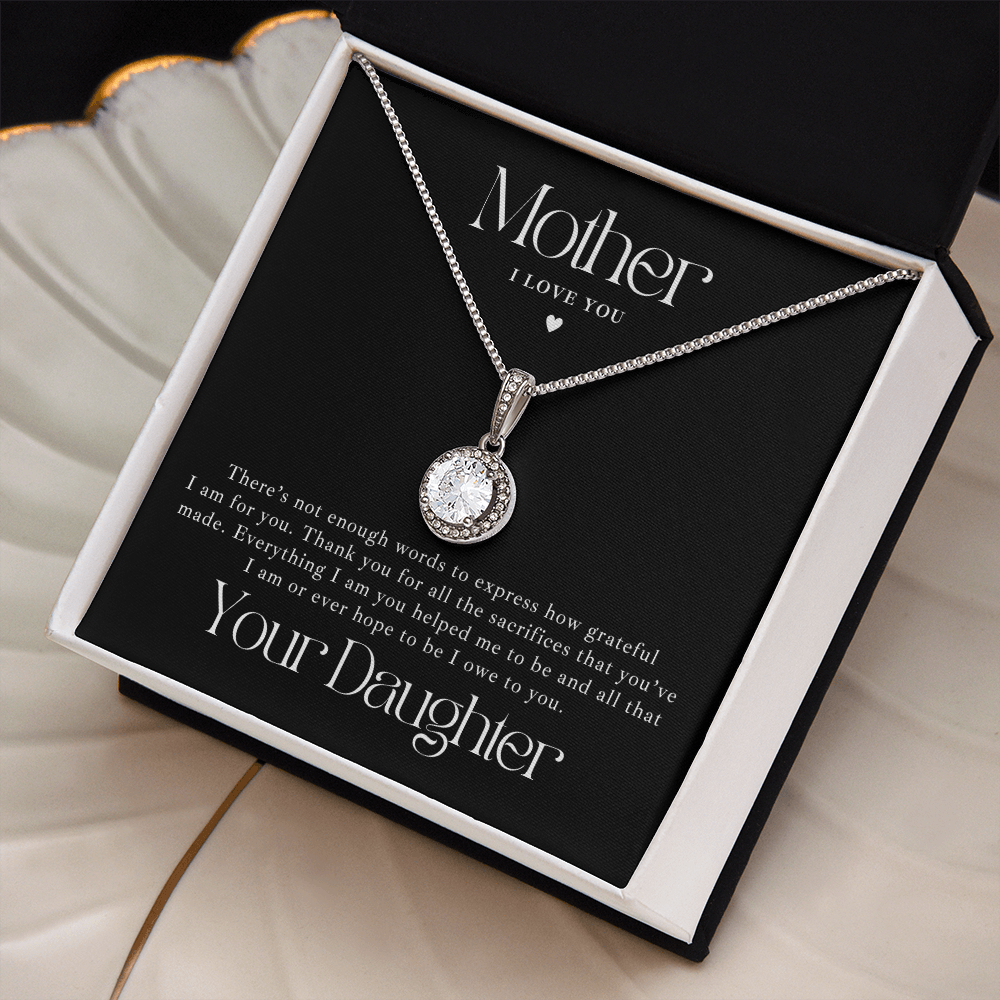 white gold, cubic zirconia mother daughter necklace gift with message card inside the gift box.