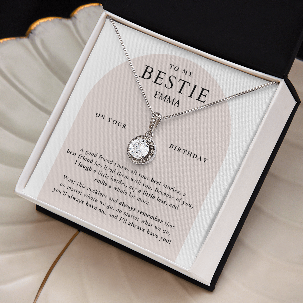 Silver necklace for bestie's birthday. friendship jewelry paired with meaningful personalized message card.