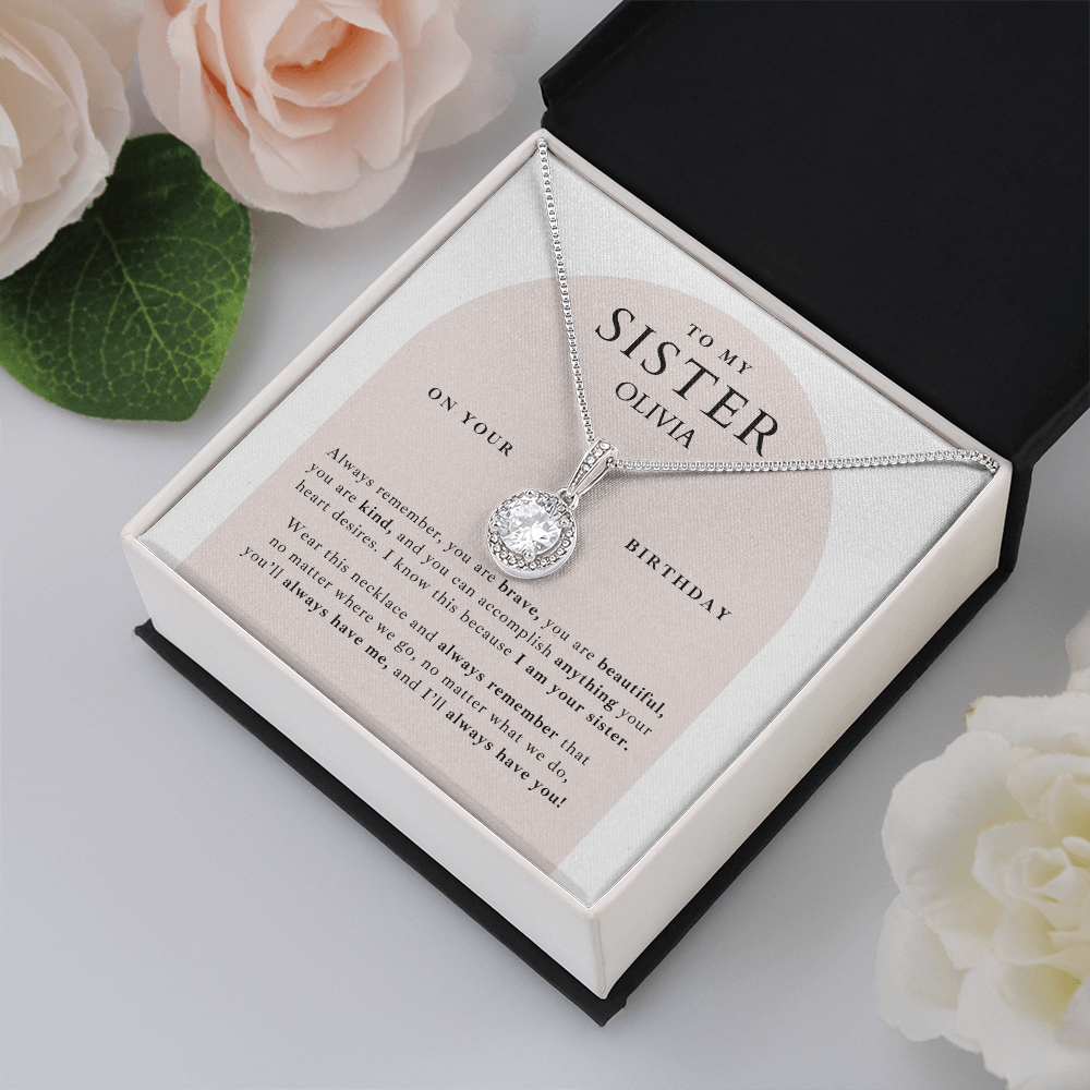 Pretty white gold necklace gift for your sister on her birthday, personalized message card is included making it a meaningful keepsake for her.