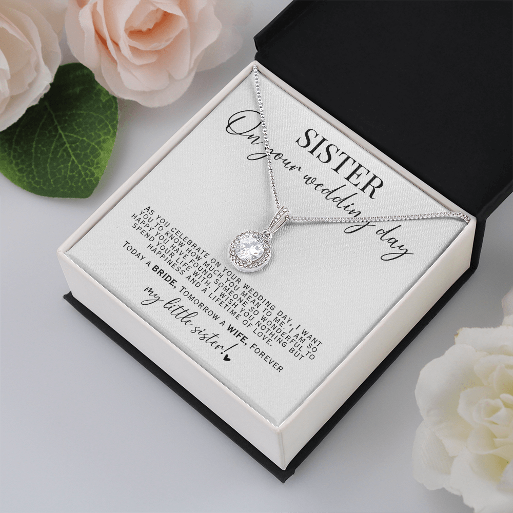 Elegant necklace gift for your sister on her wedding day, featuring a heartfelt message card that reads, ‘Today a BRIDE, Tomorrow a WIFE, Forever my little sister.’ A meaningful keepsake to celebrate your sister’s special day.