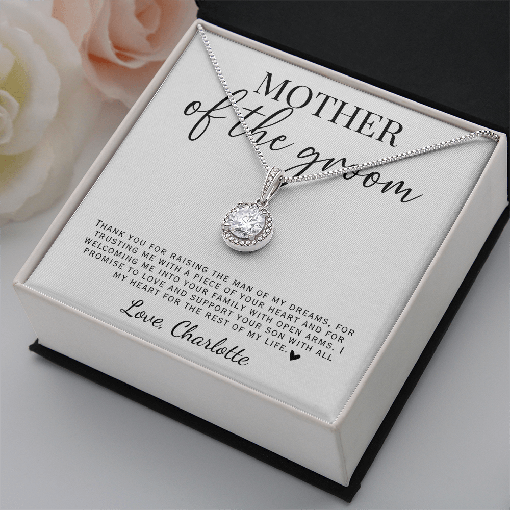 Jewelry gift for mother of the groom, necklace with message card that has loving words.