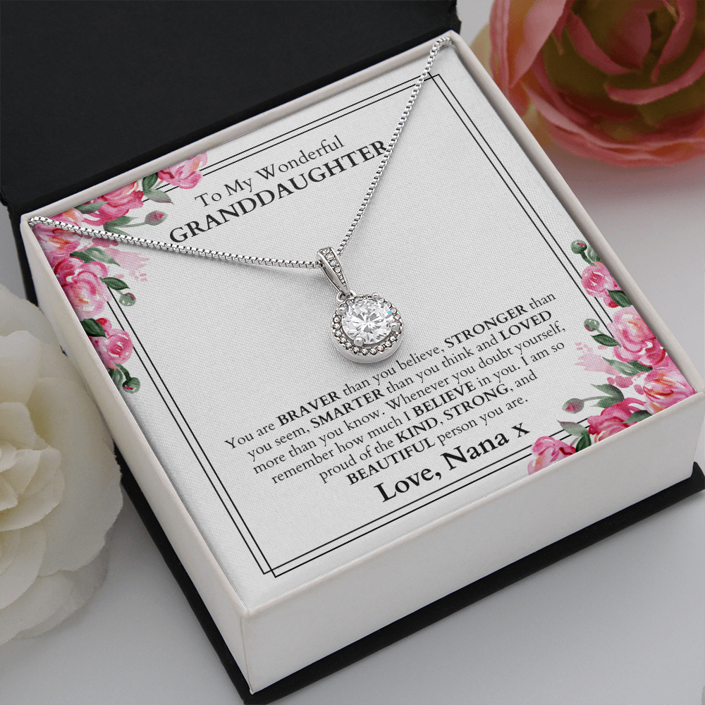 Beautiful white gold necklace gift set for your granddaughter, with a loving message within the box, perfect for a gift for her birthday or just because.