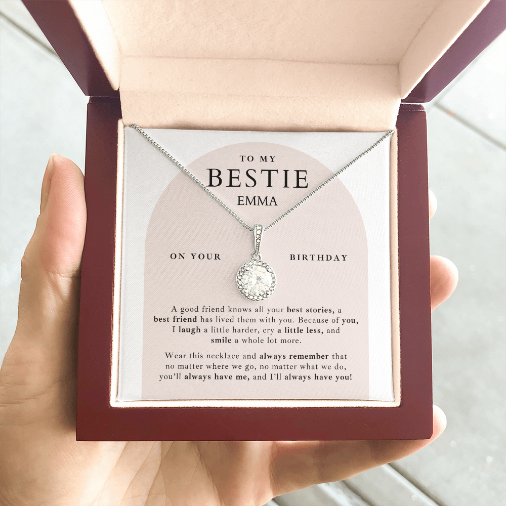 Silver necklace for bestie's birthday. friendship jewelry paired with meaningful personalized message card.