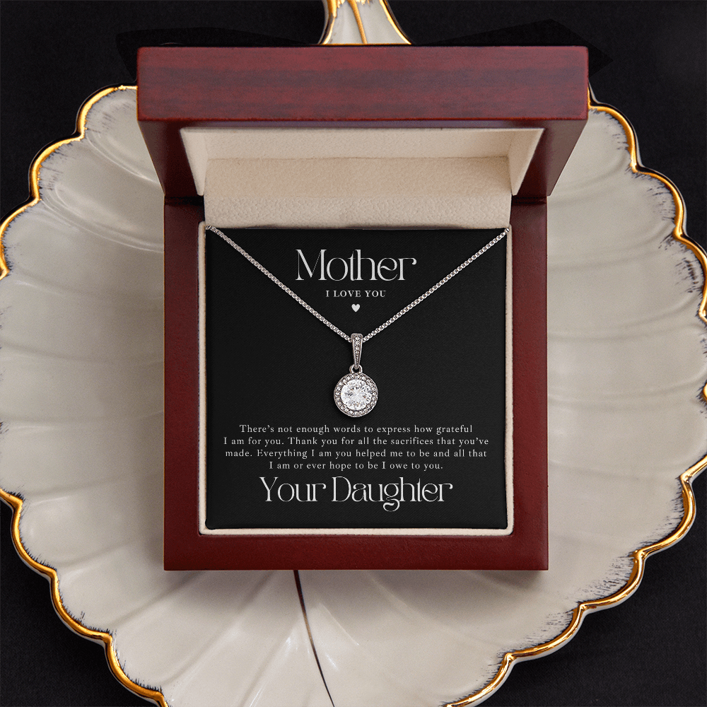 White gold necklace gift for mom from daughter, with a loving message card that says i love you.