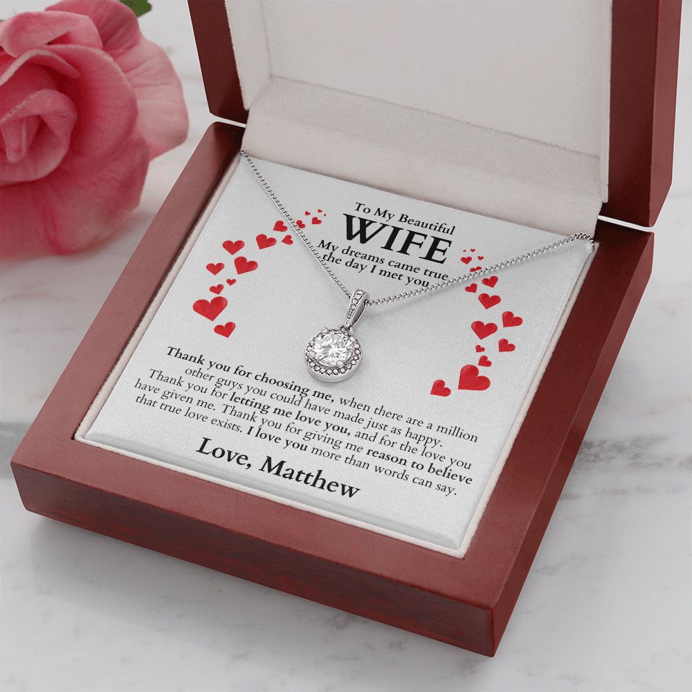 White gold necklace gift for wife, with a romantic, heartfelt message card. personalize the sign off with your name. it's gift ready inside a beautiful gift box with LED light.