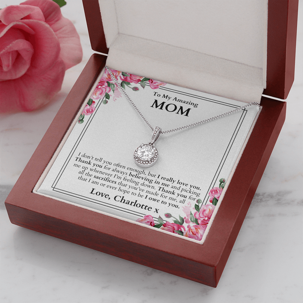 White gold necklace for mom, with a heartfelt message card inside the box to show your love and appreciation on her birthday or mother's day, gift ready inside a LED gift box.