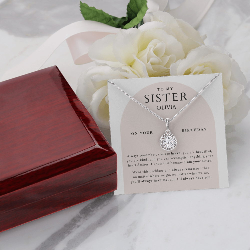 Pretty white gold necklace gift for your sister on her birthday, personalized message card is included making it a meaningful keepsake for her.