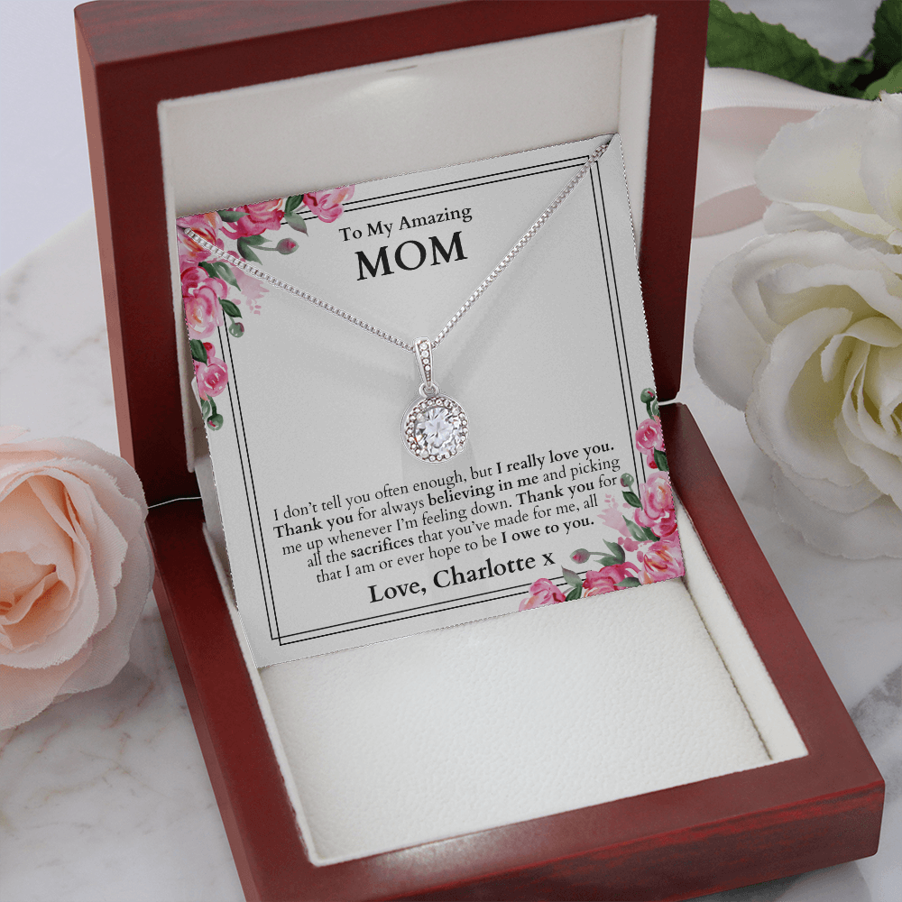 White gold necklace for mom, with a heartfelt message card inside the box to show your love and appreciation on her birthday or mother's day, gift ready inside a LED gift box.