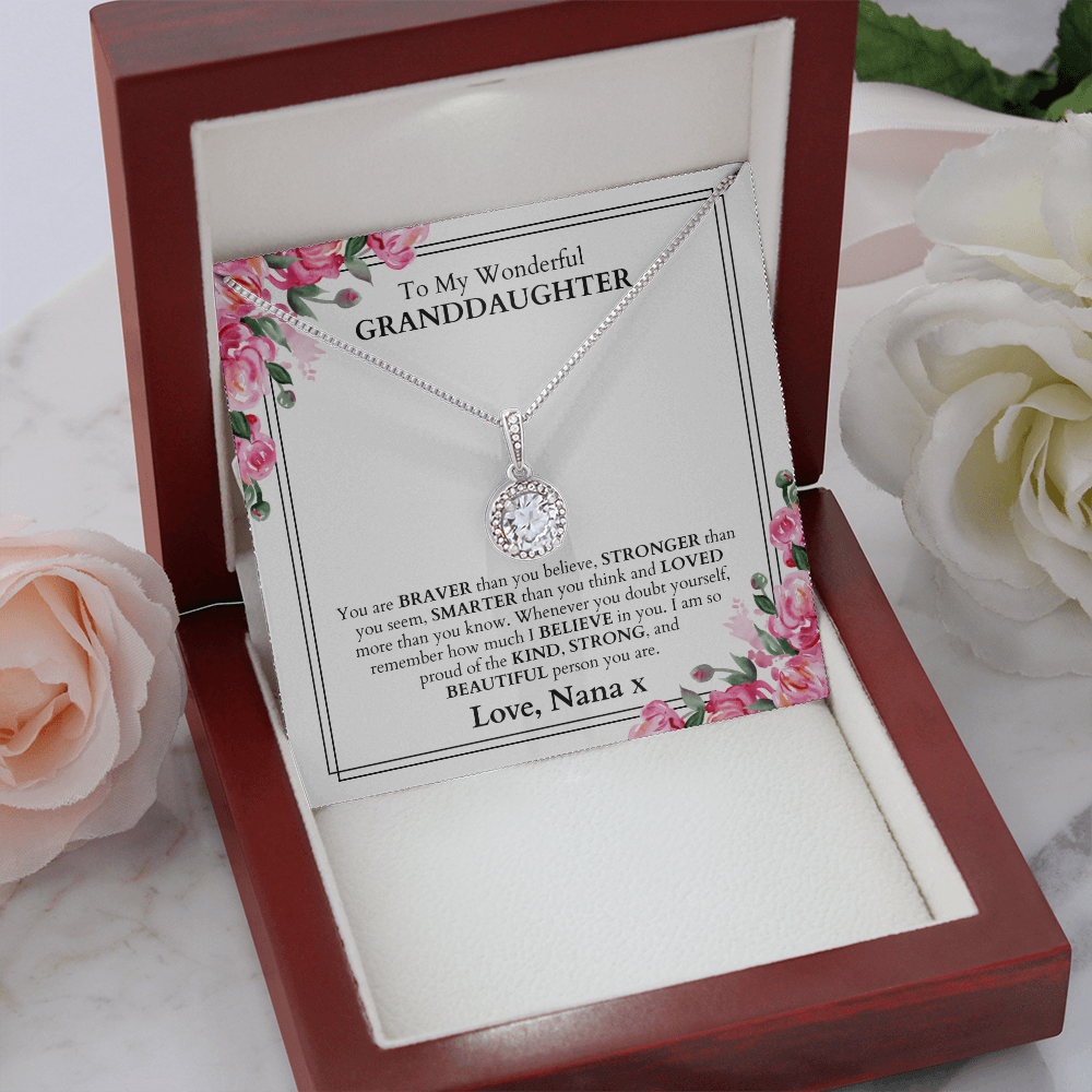 Beautiful white gold necklace gift set for your granddaughter, with a loving message within the box, perfect for a gift for her birthday or just because.