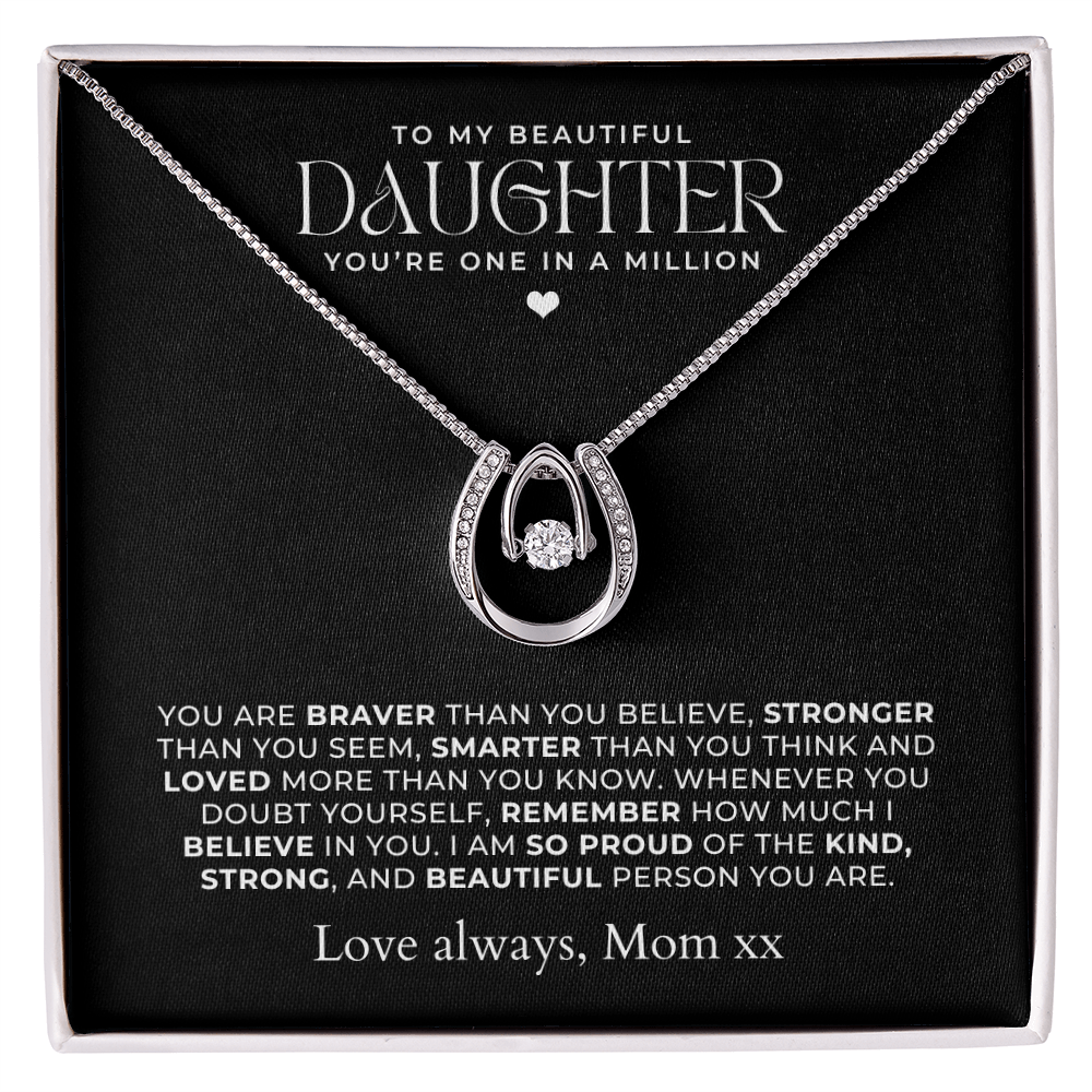 White gold lucky horseshoe necklace gift to my daughter, with a message card inside with loving words from mom or dad.