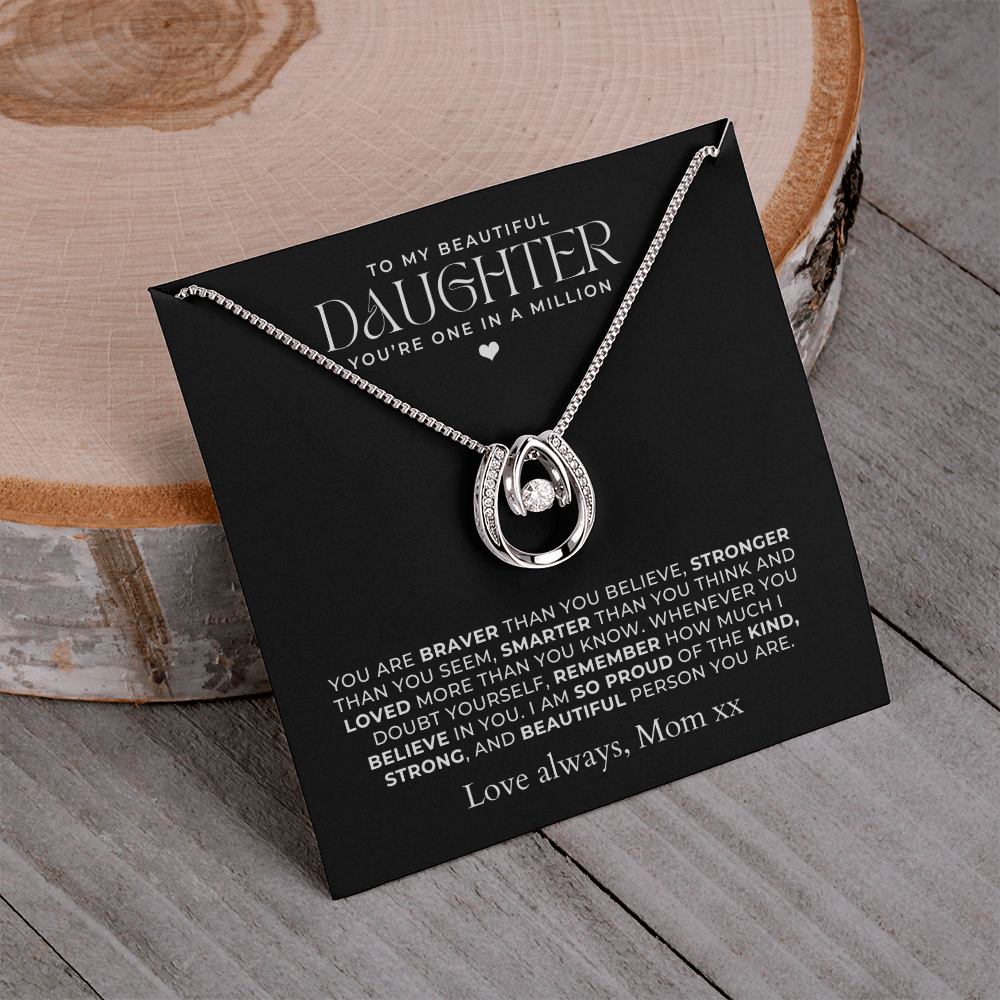 Special keepsake jewelry gift for daughters, silver horseshoe necklace with message card to my beautiful daughter. 