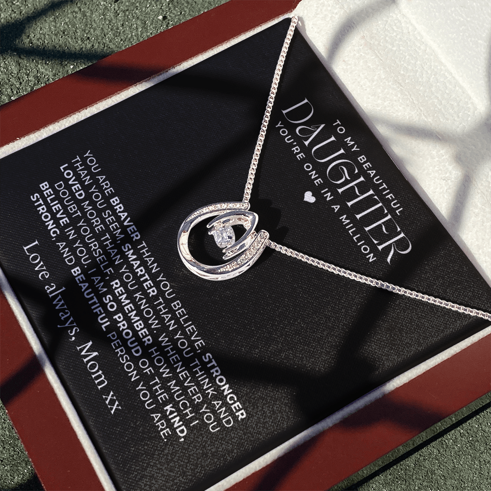 To my daughter necklace gift, white gold horseshoe pendant with message card inside luxury gift box, with personalized sign off. 