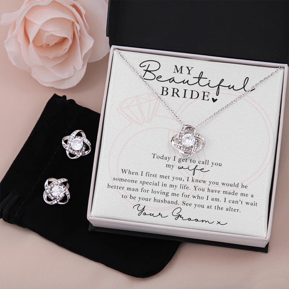 Wedding day gift for bride – love knot necklace & earring set with touching message from groom.