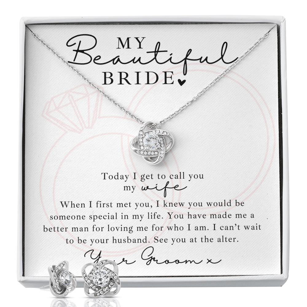 Wedding day gift for bride – love knot necklace & earring set with touching message from groom.