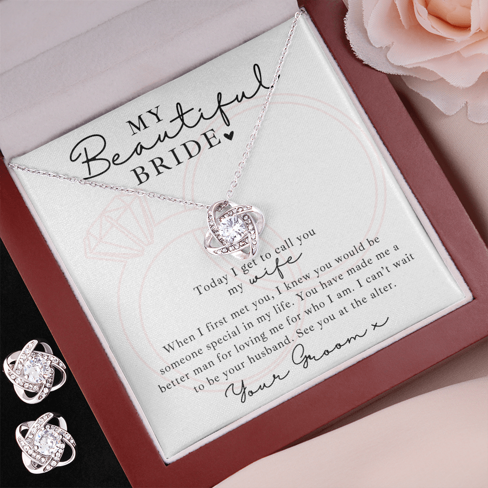 Wedding day gift for bride – love knot necklace & earring set with touching message from groom.