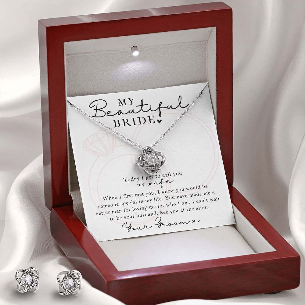 Wedding day gift for bride – love knot necklace & earring set with touching message from groom.