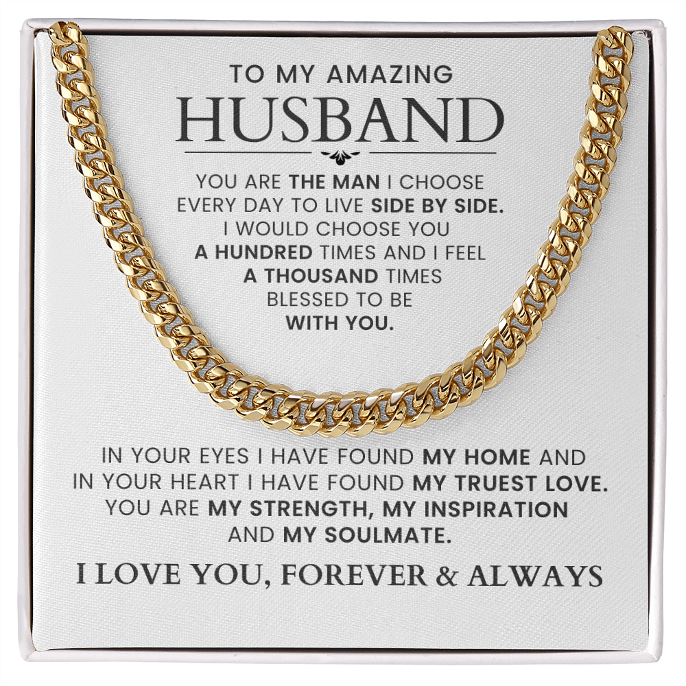 gold necklace gift for husband with heartfelt message card inside that says i love you.