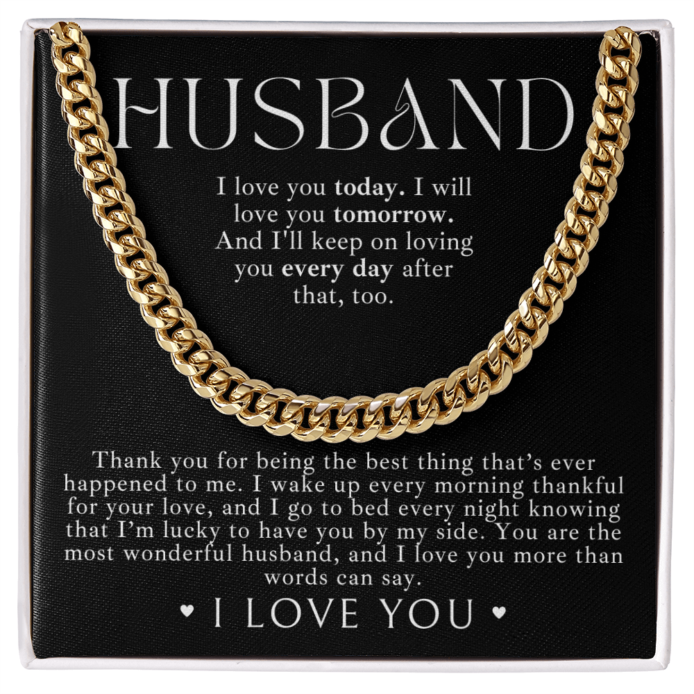 Gold Cuban link chain necklace for him the best gift for husbands who have everything, with a heartfelt message card inside the box. 