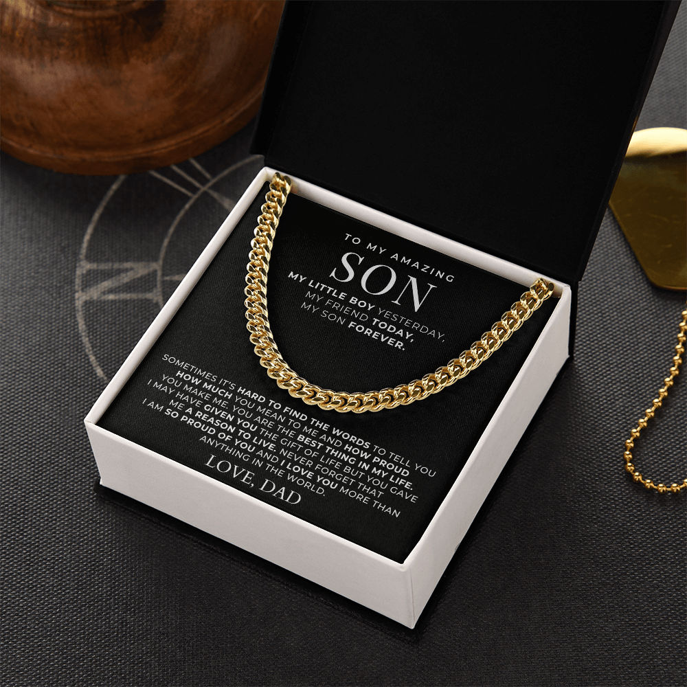 14k yellow gold chain necklace gift for adult sons in a gift box with a message from dad or mom