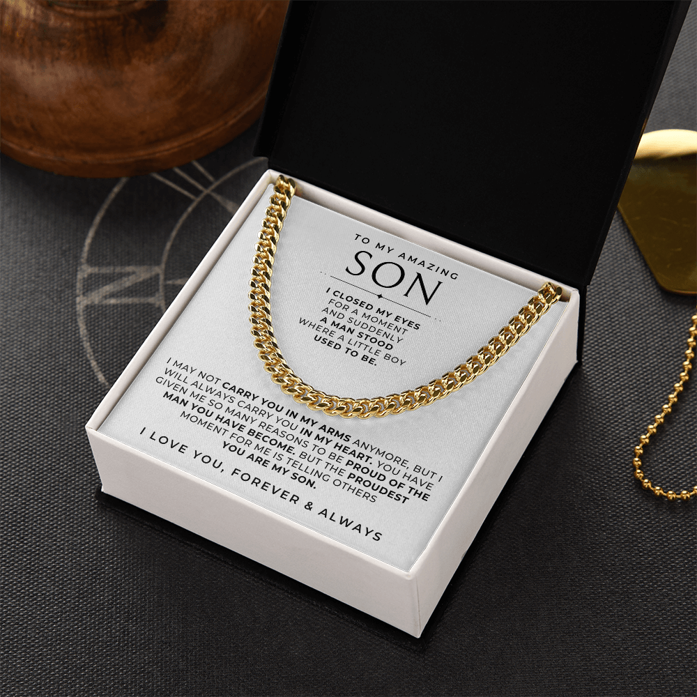 gold necklace for son - gift boxed with meaningful message inside from mom or dad.