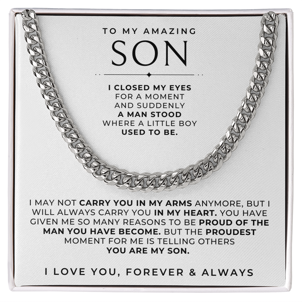 A strong stainless steel chain with a heartfelt message.