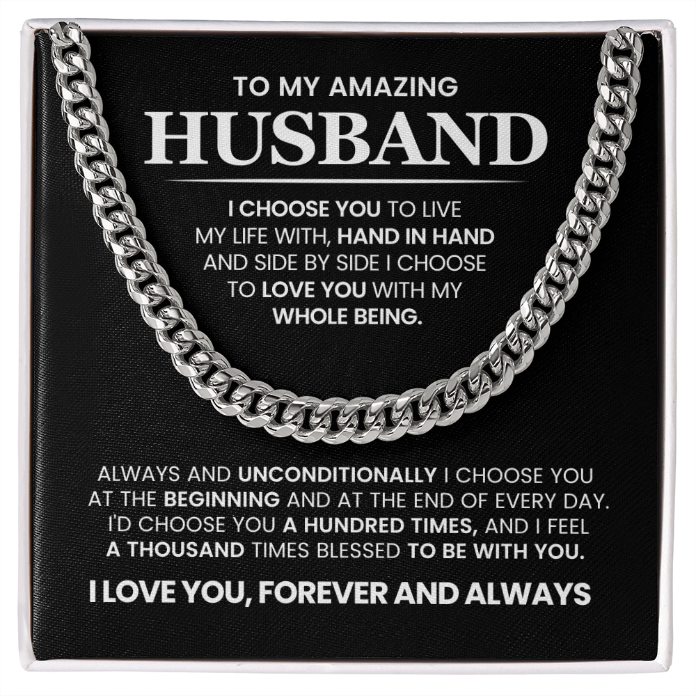 silver necklace for him, to my amazing husband with loving message cuban link chain.