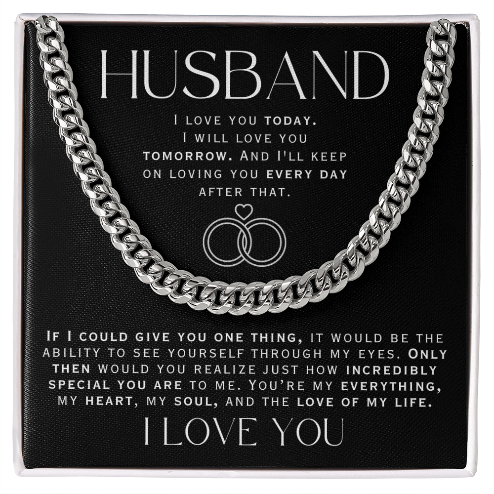 silver chain necklace gift for husband with loving message card.