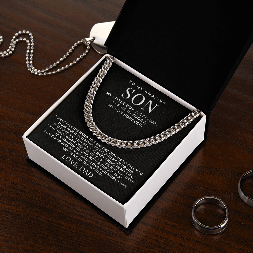 cool gift for sons, message card from dad with a stainless steel chain.