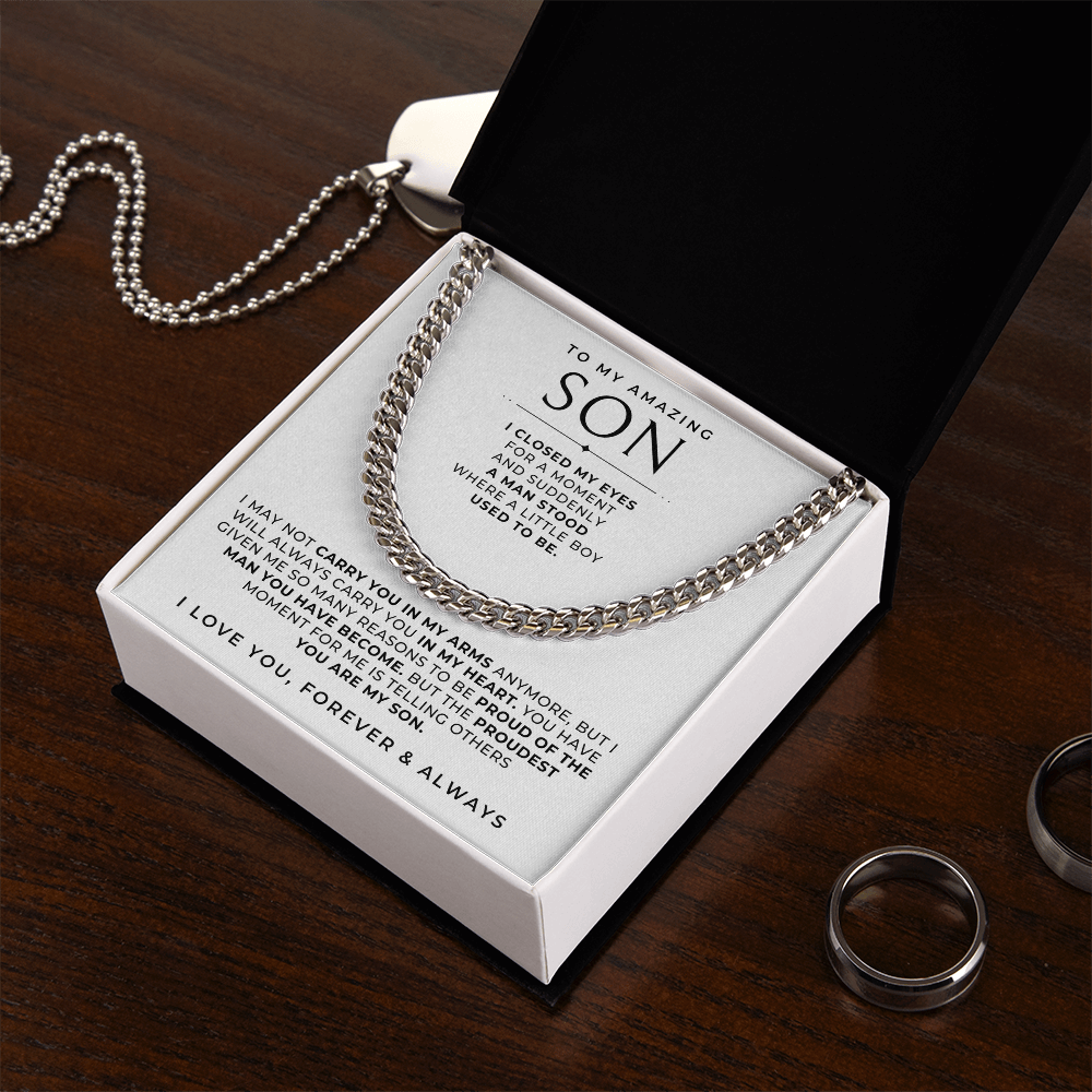 Stainless steel necklace gift with a loving message card that says to my son.