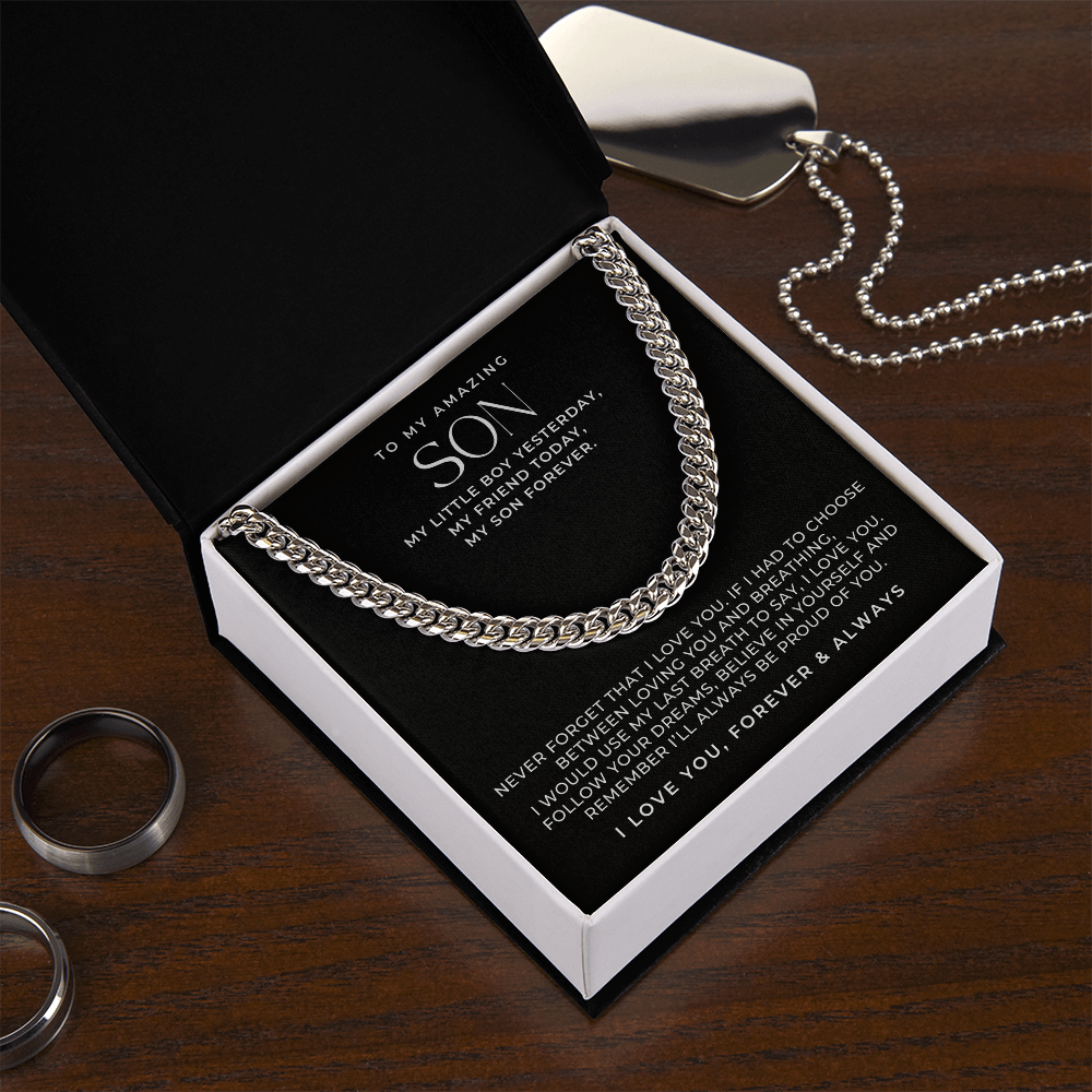 waterproof chain necklace for son, with message card inside the gift box.