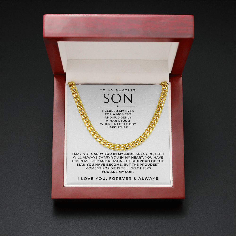 a meaningful birthday gift for sons, a gold chain necklace with message card inside.