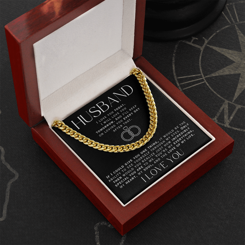 Gold chain necklace for him, presented in a luxury wooden gift box with a loving message to your husband from you, making it a romantic gift idea for husbands birthday or anniversary.