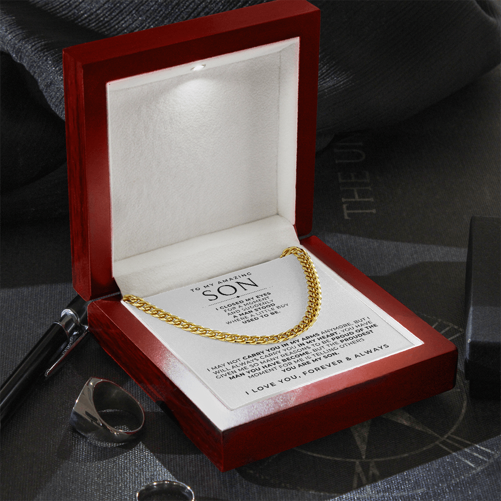 meaningful gift for sons a gold chain with keepsake message card inside gift box.