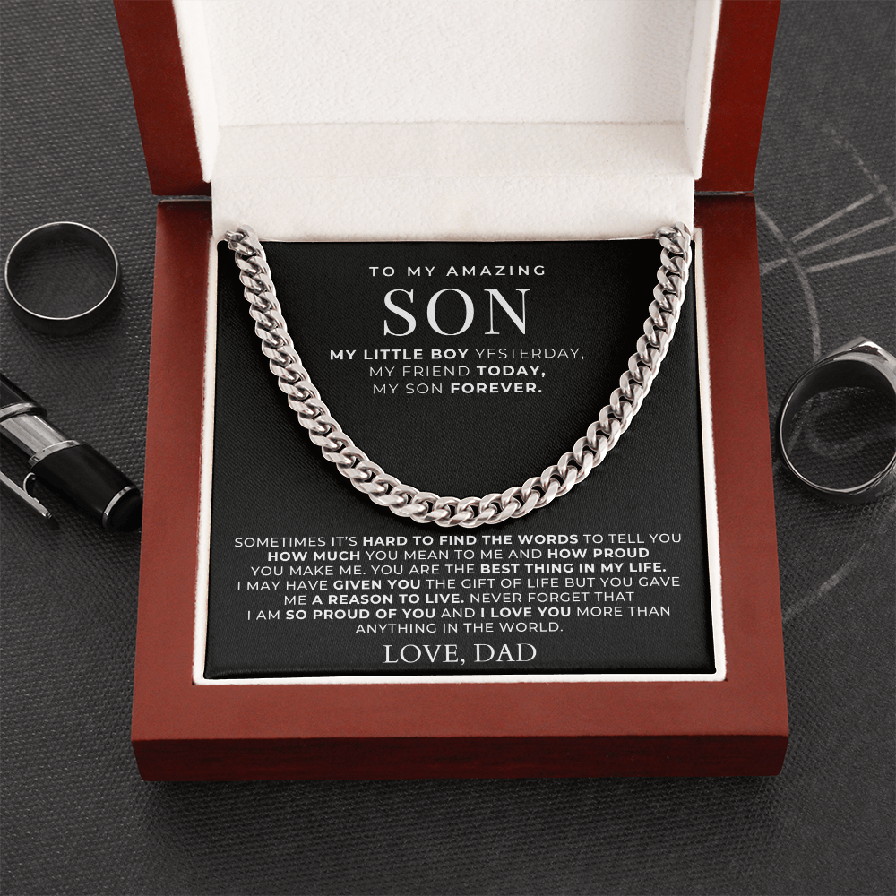 To my amazing son necklace gift for his birthday, personalized message card from mom or dad. 