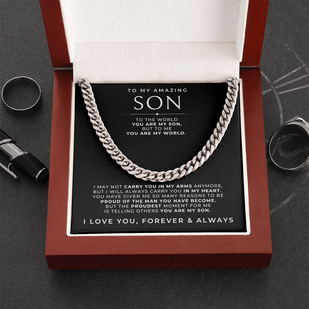 luxury gift box with a stainless steel link chain necklace for men with a loving message to your son inside