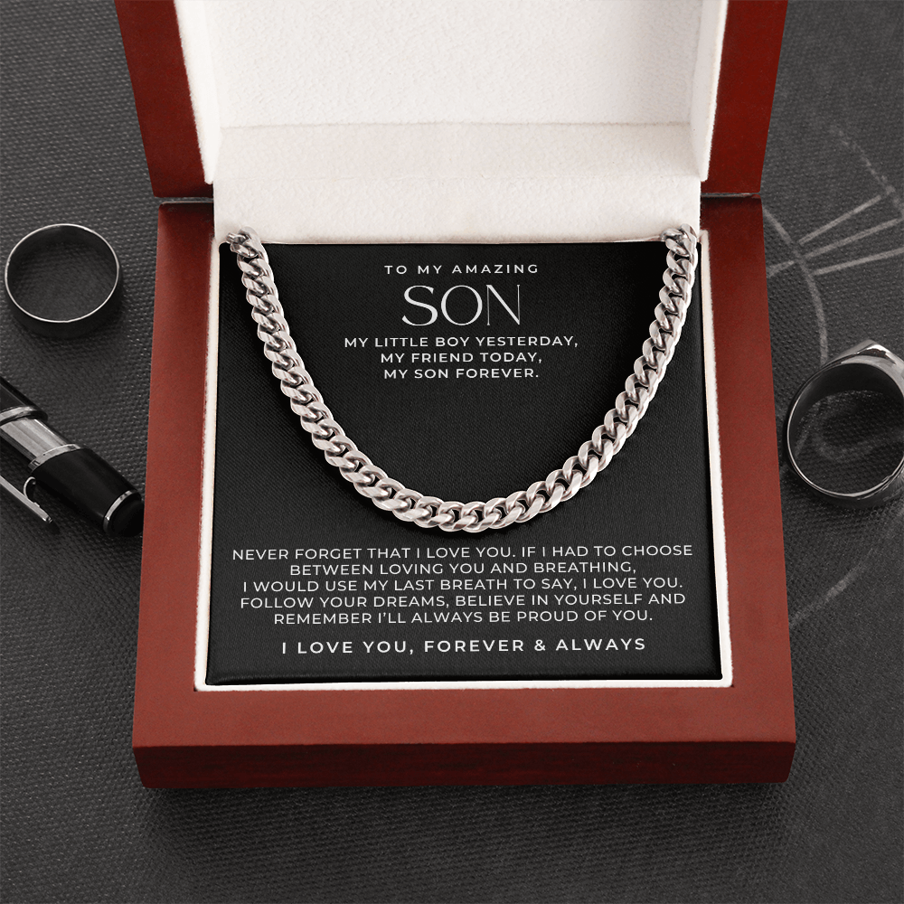 Stainless steel chain necklace for men, presented in a luxury light up gift box with a meaningful message card inside. from mom or dad.