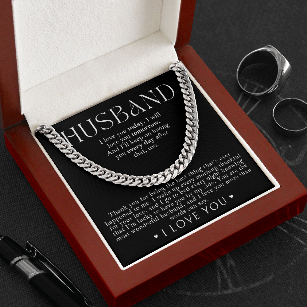 Waterproof stainless steel Cuban link chain necklace for him the best gift for husbands who have everything, with a heartfelt message card inside luxury box. perfect for anniversary or valentines day. 