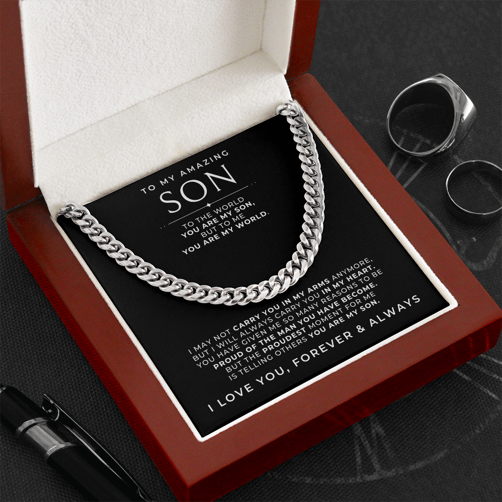 stainless steel necklace gift to son in a light up box with a loving message inside.