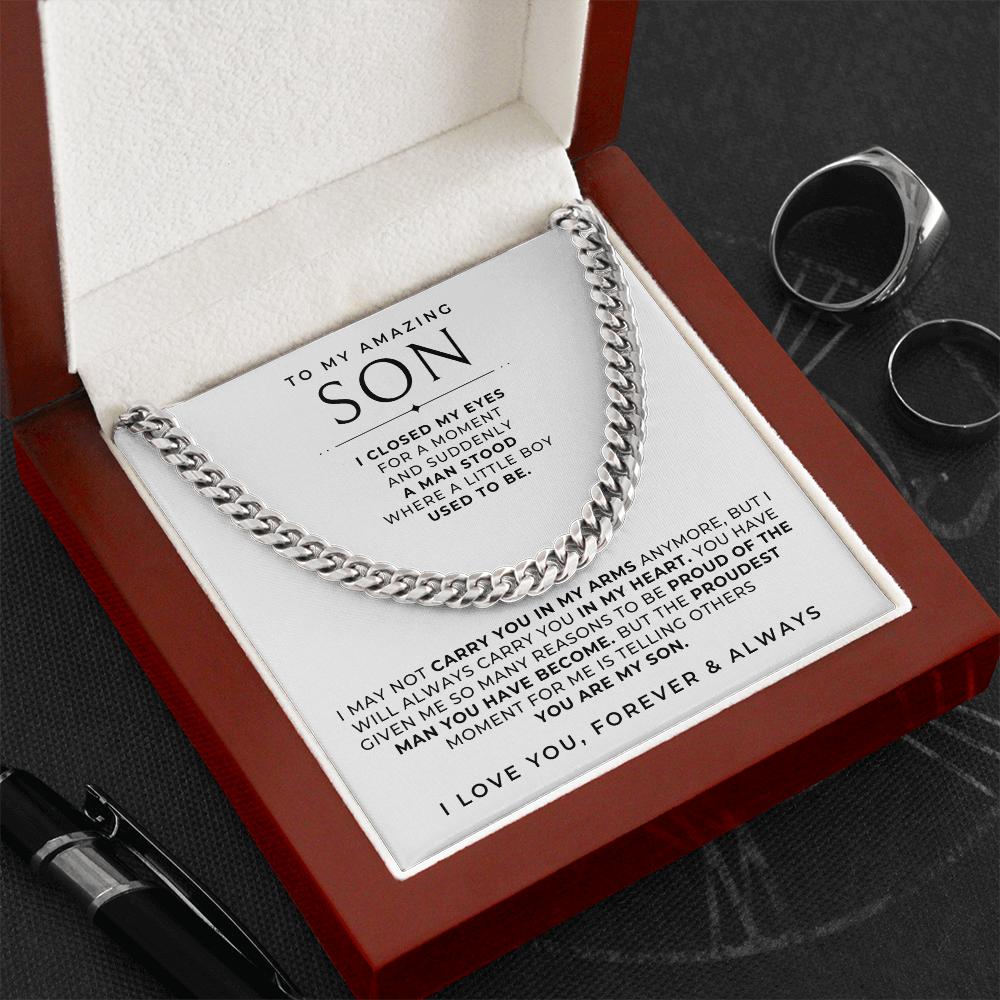 sleek stainless steel chain for men, intended as a gift for your son, with a message card inside the gift box.