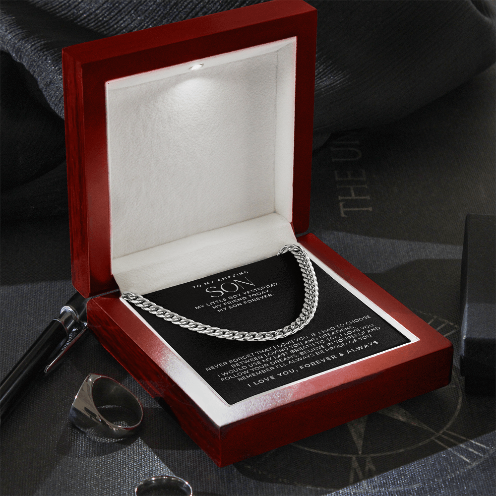 light up luxury box with a stainless steel chain necklace, with a loving message to your son inside the box.