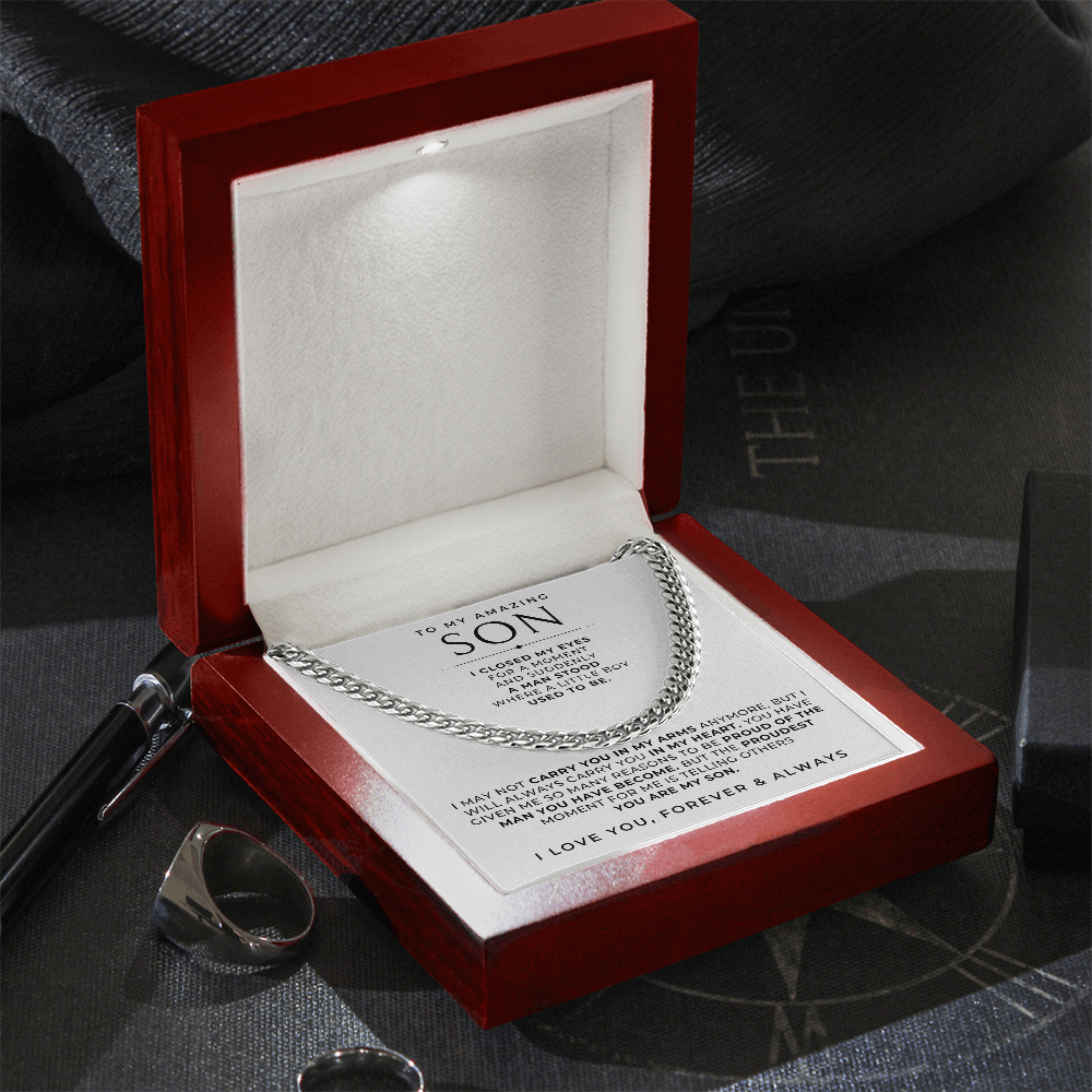 meaningful gift for son, chain necklace gift in luxury box with a message inside from mom or dad.