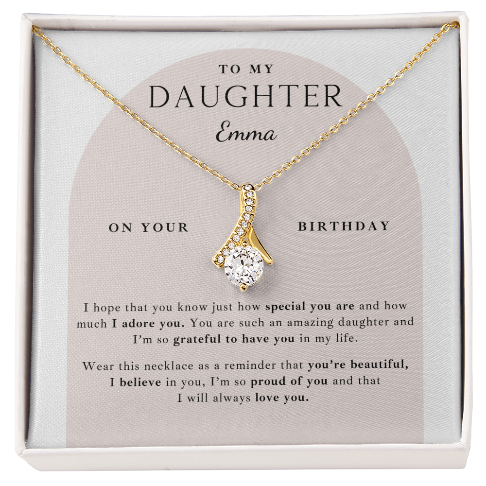 gold Necklace gift to daughter from mom, birthday gift message card, personalized with daughters name. 